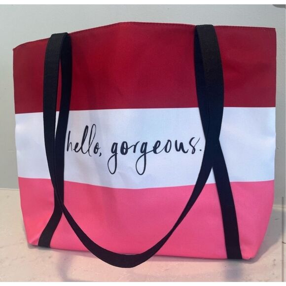 Clinique x Kate Spade Hello Gorgeous Tote Bag Pink Red Colorblock Stripe - Picture 2 of 8